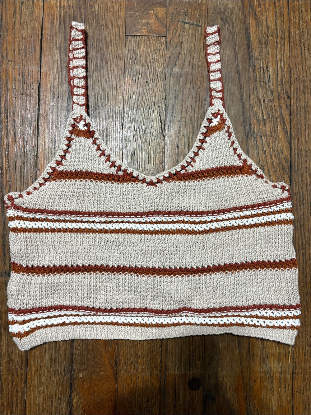 American Eagle Outfitters Beige Crochet Stripe Tank with Rust Accents